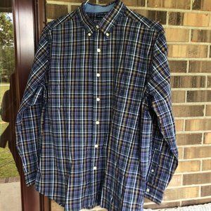Chaps Easy Care Green Yellow Blue Plaid Shirt, L